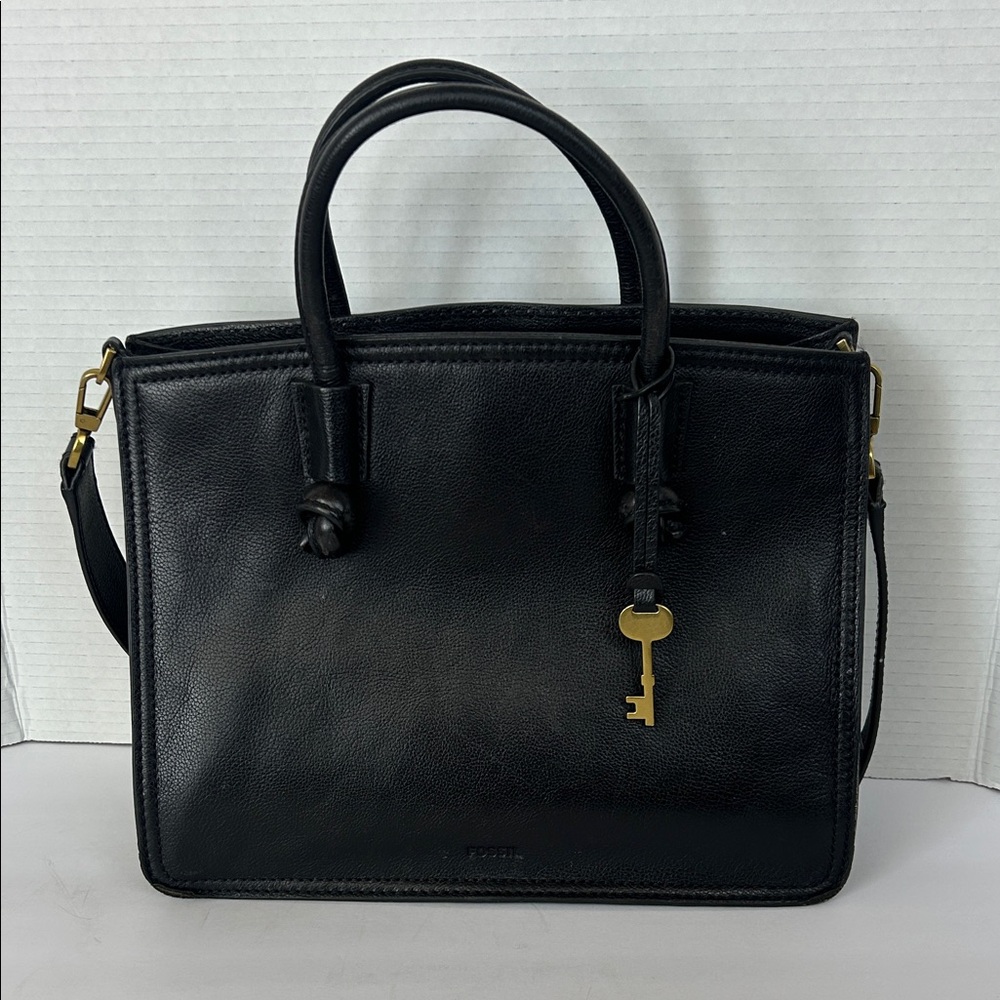 Fossil Black Leather Satchel with Gold Key Accent